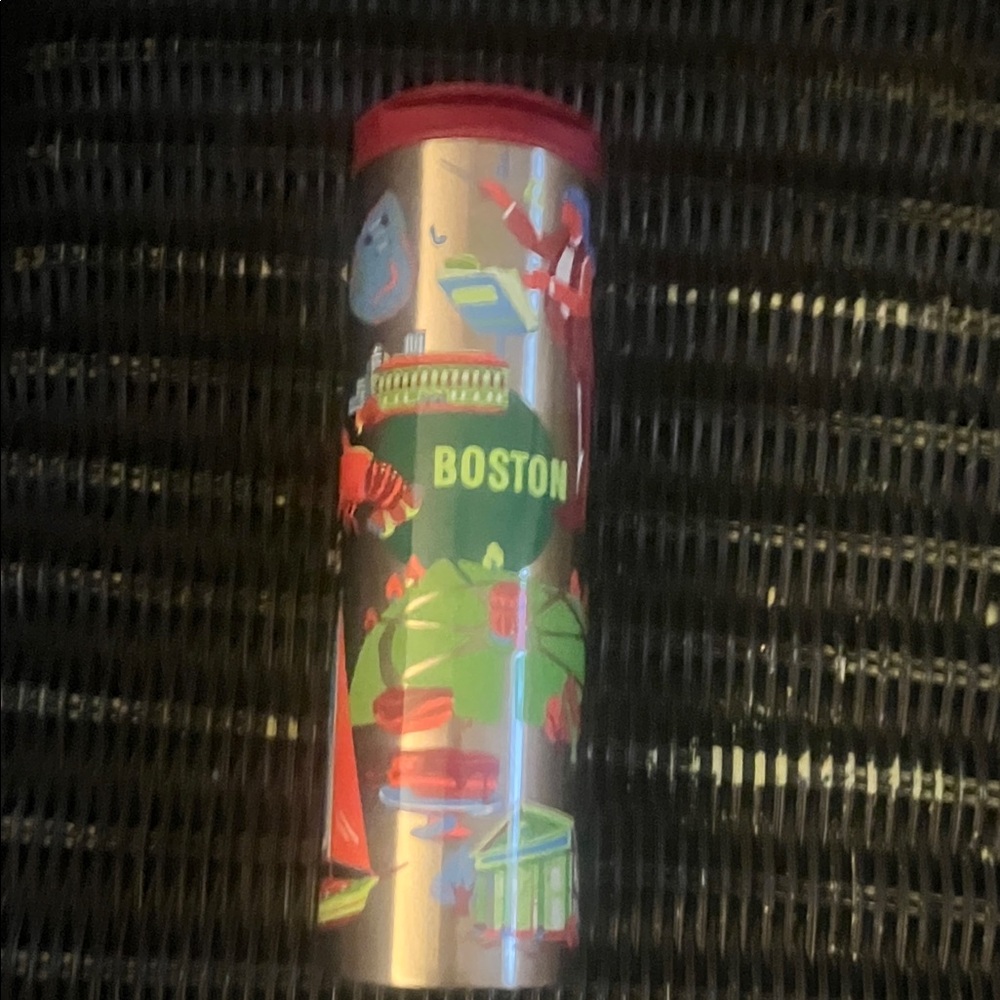 Starbucks Silver Travel Tumbler with Red Accents and Multi-Color City Graphics